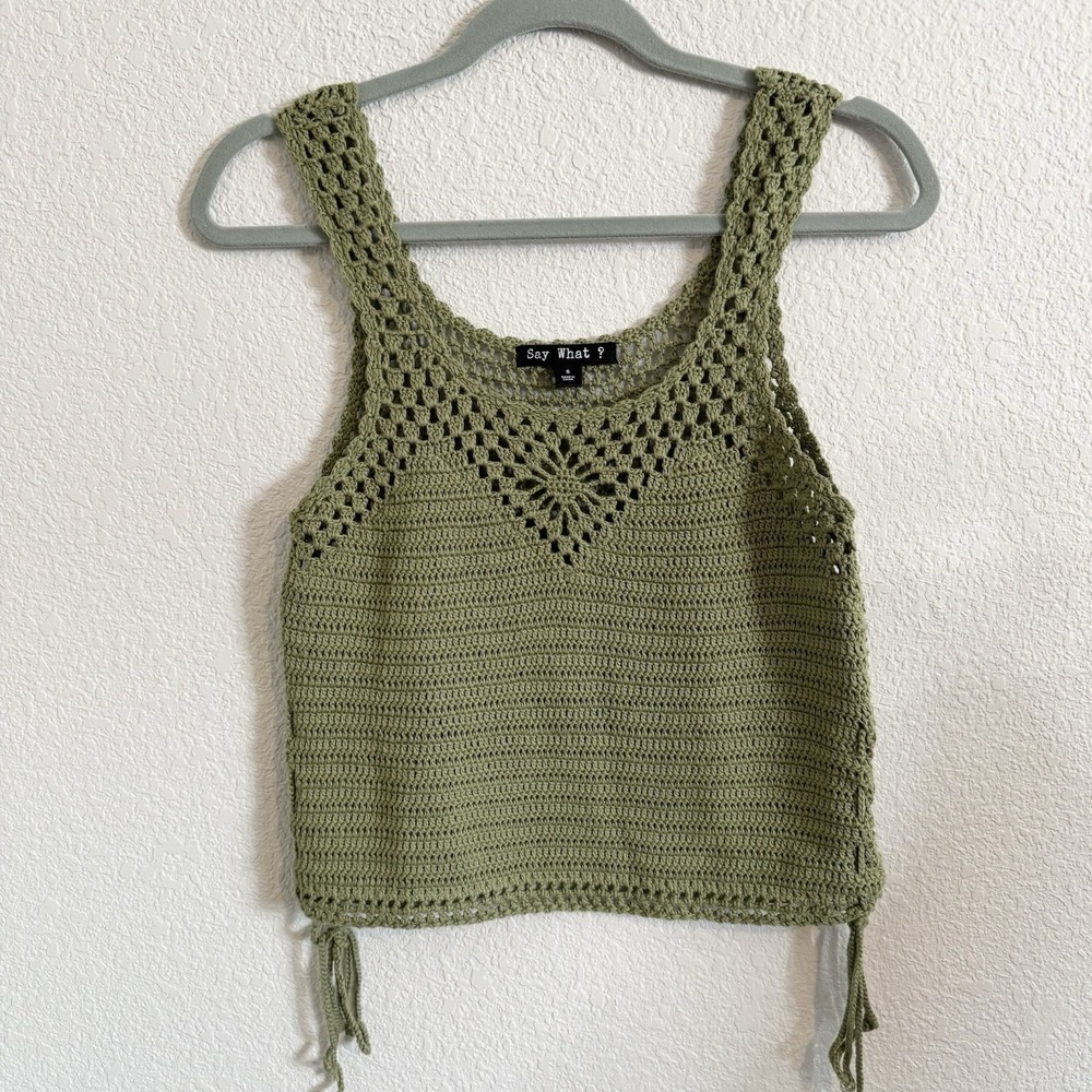 Say What? Boho Cottagecore Crochet Women‎ Sage Green Knit Tank Top Size Small